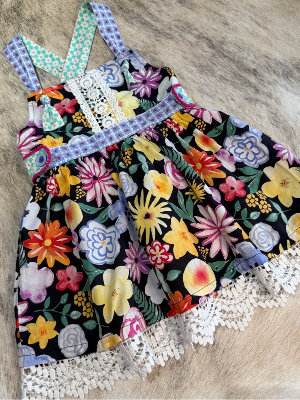 Matilda Jane Floral Patchwork Top Girls Size4 Colorful Boho Lace Trim Boutique